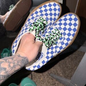 Vans Blue and White Checkerboard Low-Top Sneakers with Green Black Laces